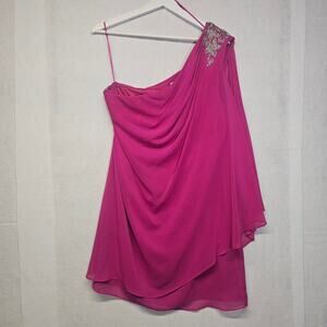JS Boutique Fuchsia Pink Embellished One Shoulder Chiffon Cocktail Dress